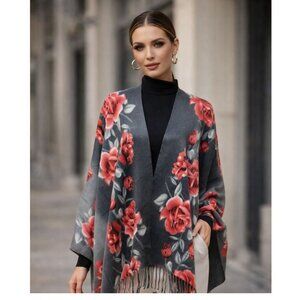 Grey Red Rose Ultra Soft Scarf Large Wrap Cashmere-Feel NWT